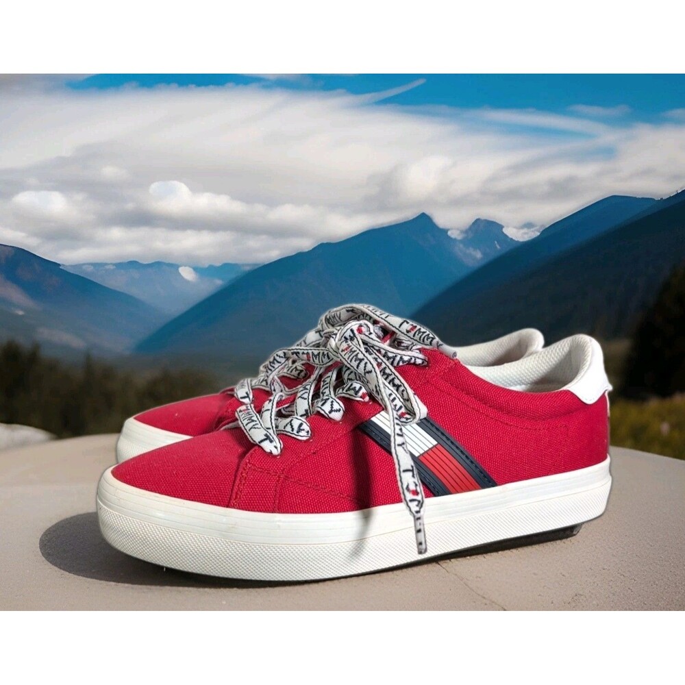 TOMMY HILFIGER RED CANVAS SNEAKERS SIGNATURE LACES AND STRIPES W SIZE 9M EUC